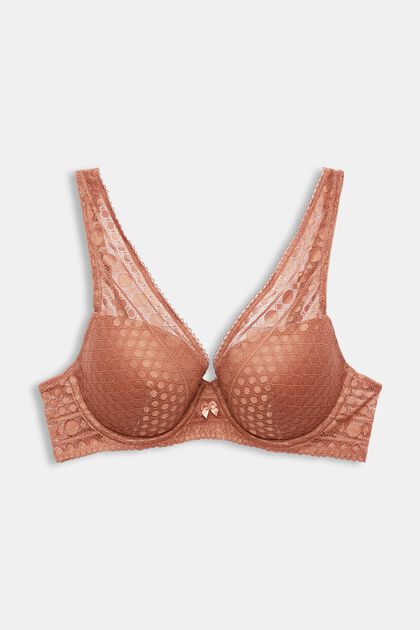 Padded underwire bra with geometric lace, CINNAMON, overview