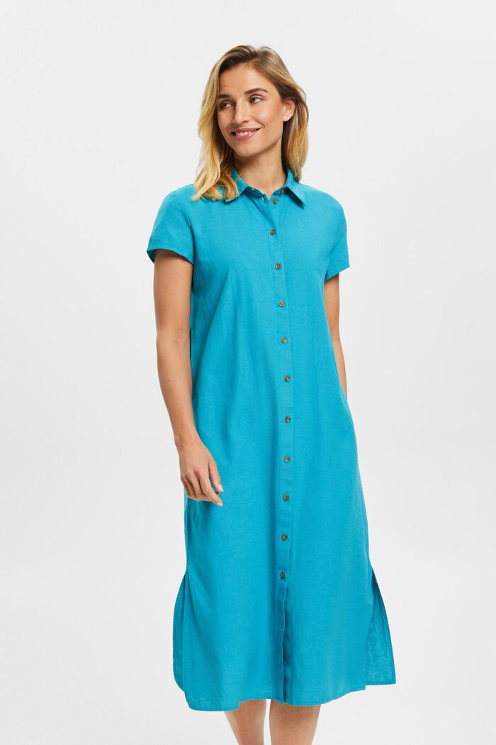 Blouse dress with linen, TEAL BLUE, detail image number 0