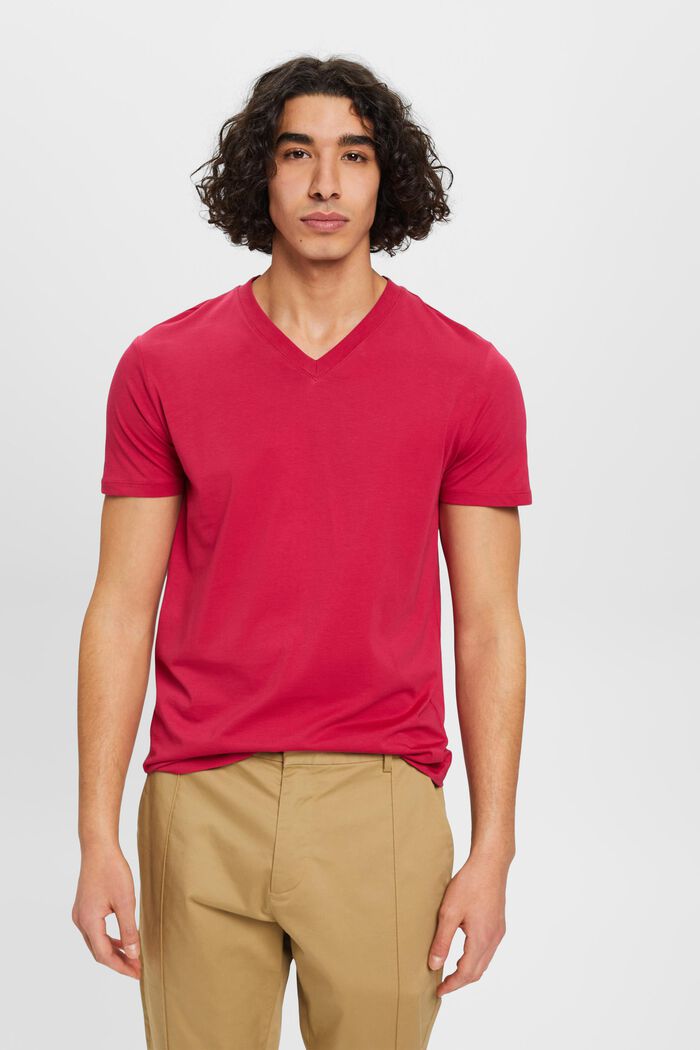 Slim fit V-neck cotton t-shirt, DARK PINK, detail image number 0