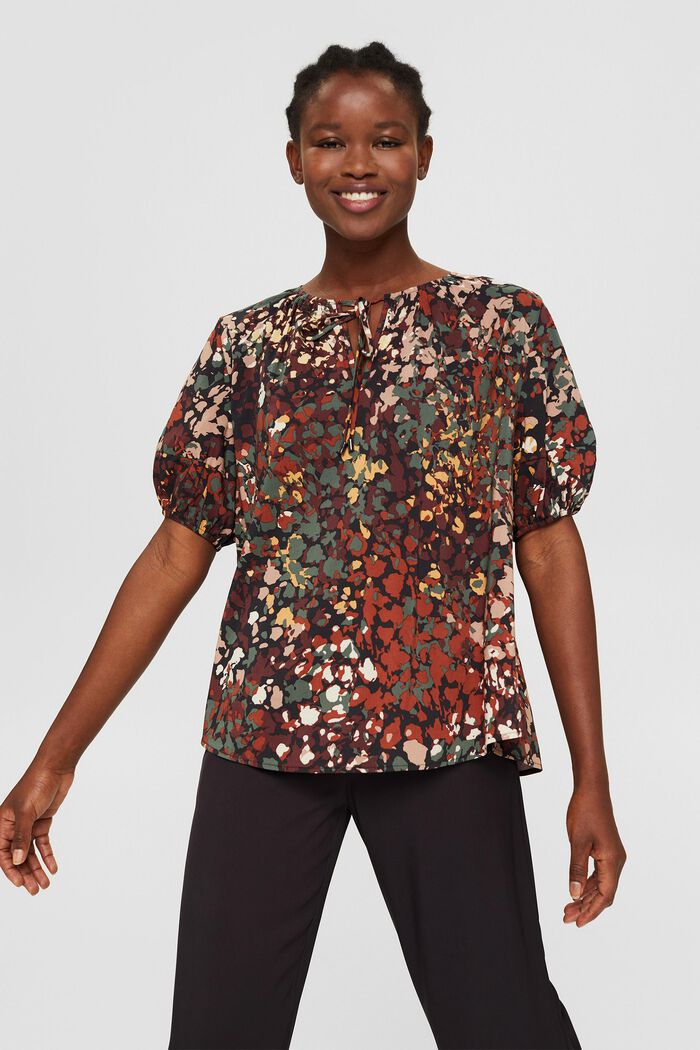 Cotton blend print blouse, BLACK, detail image number 0