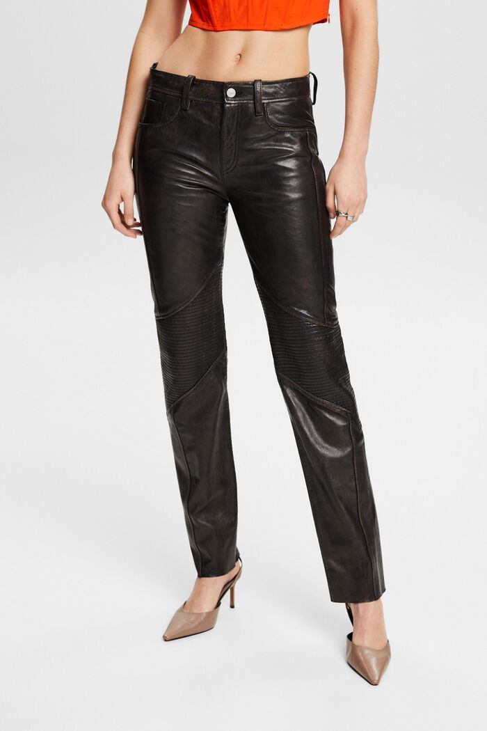 Mid-Rise Straight Leather Pants, BLACK, detail image number 0