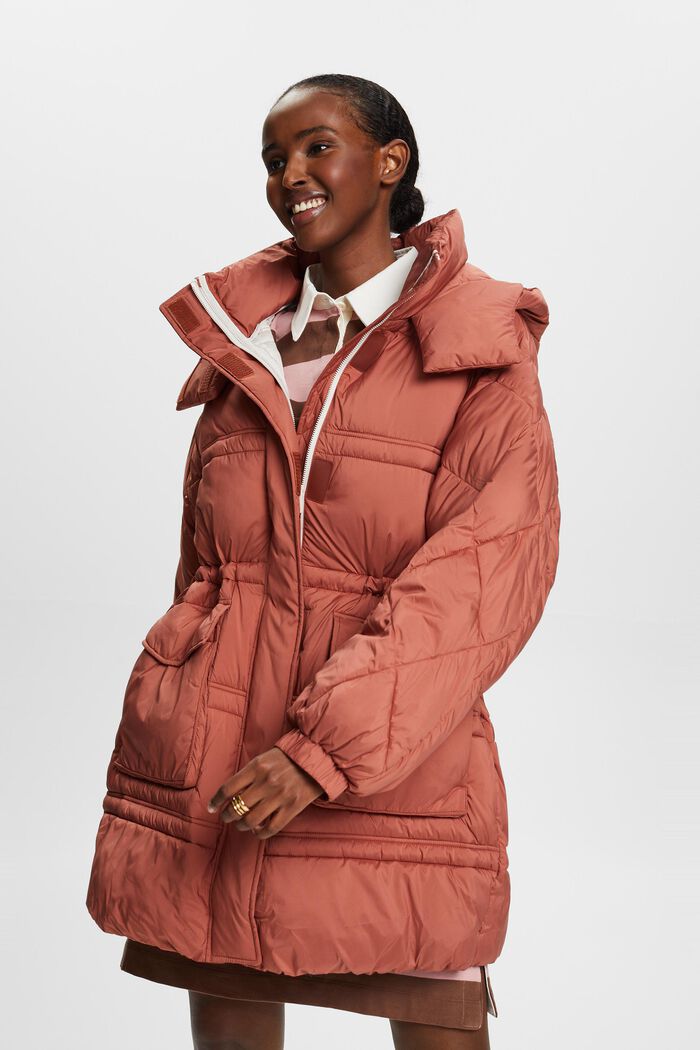 Recycled: quilted coat with hood, TERRACOTTA, detail image number 0