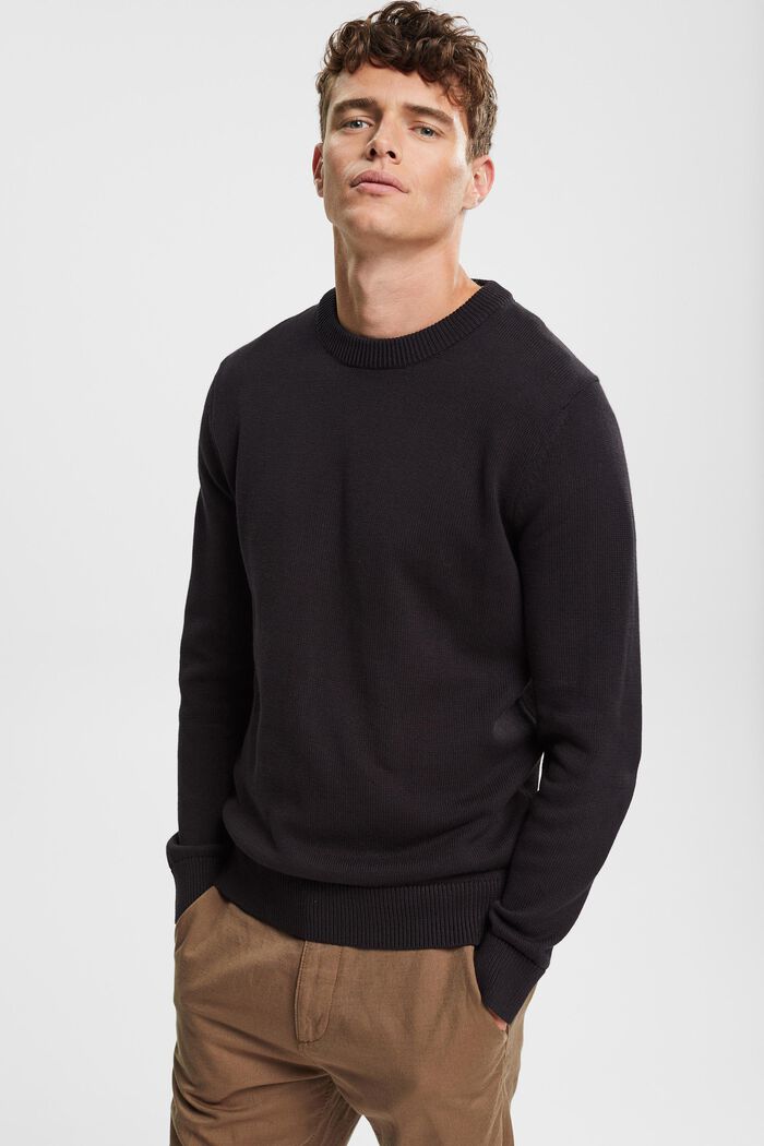 Sustainable cotton knit jumper, BLACK, overview