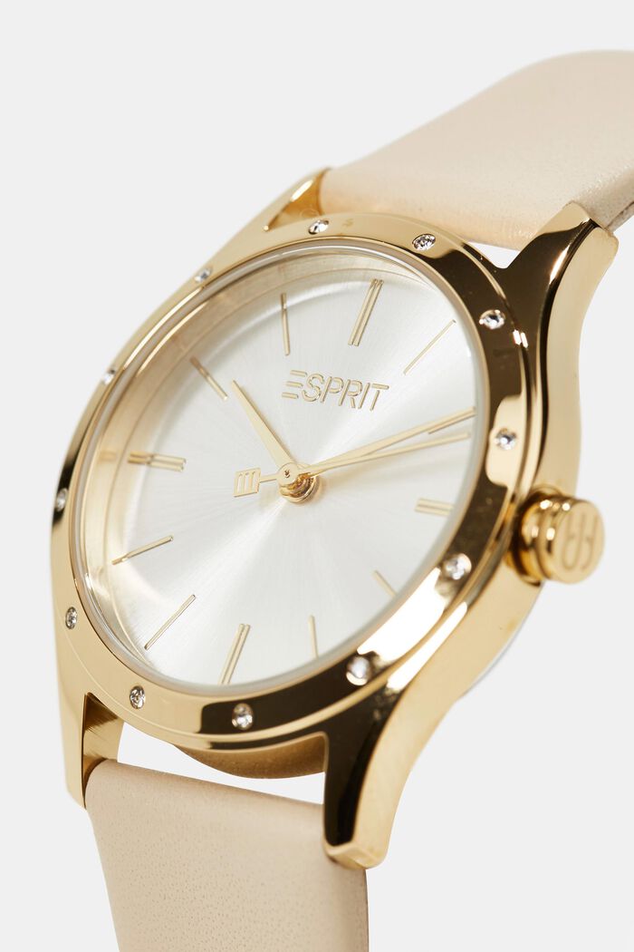 Stainless steel watch with leather strap and zirconia, BEIGE, detail image number 1