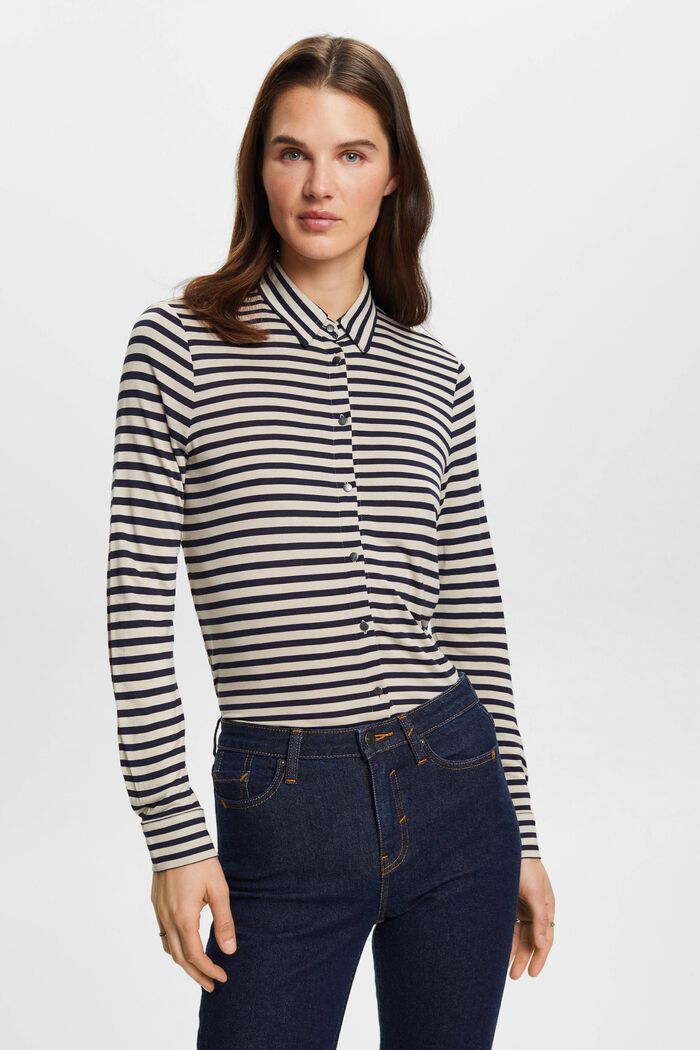 Striped long-sleeved top with buttons, LIGHT TAUPE, detail image number 0