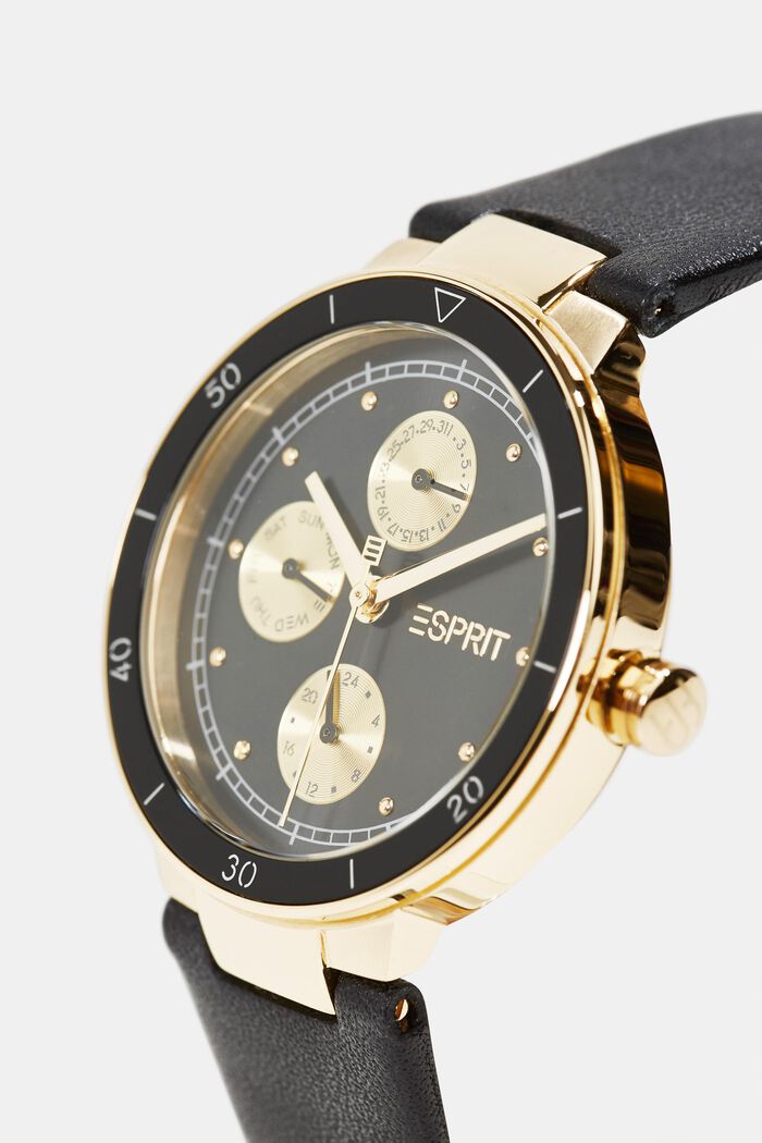 Multi-functional watch with a leather strap, BLACK, detail image number 1