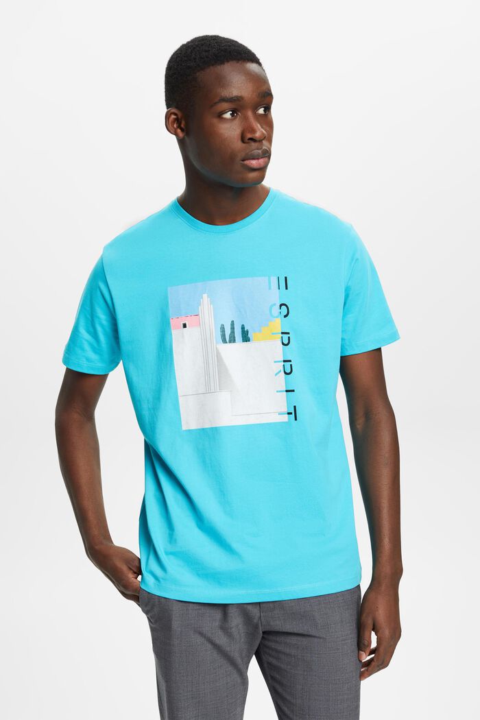 Cotton t-shirt with front print, AQUA GREEN, detail image number 0