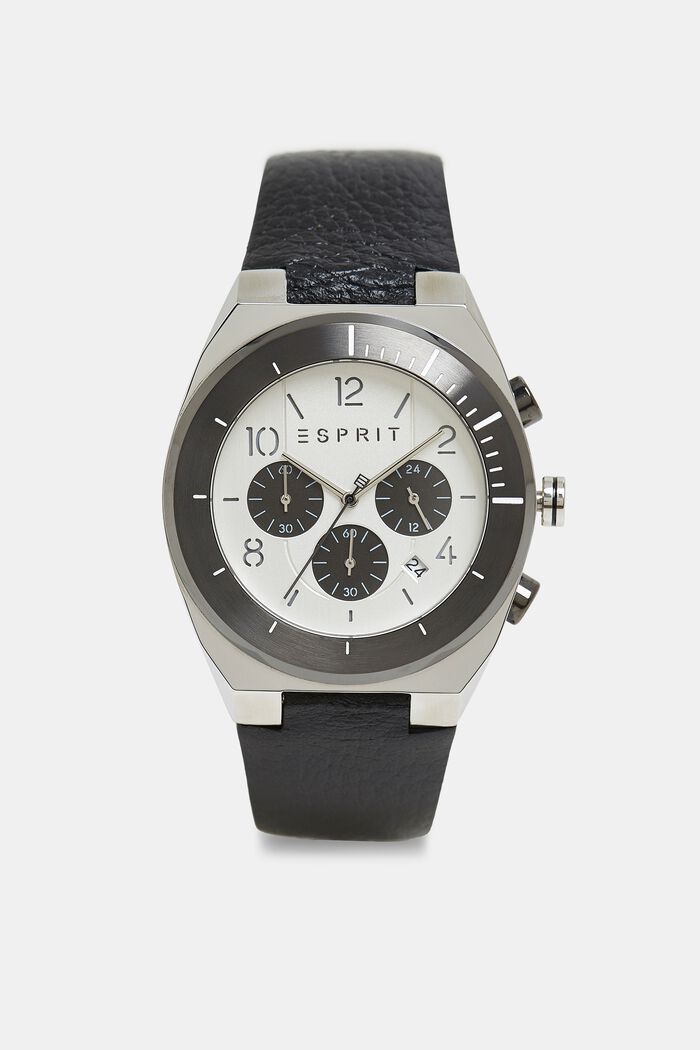 Stainless steel chronograph with a leather strap, BLACK, overview