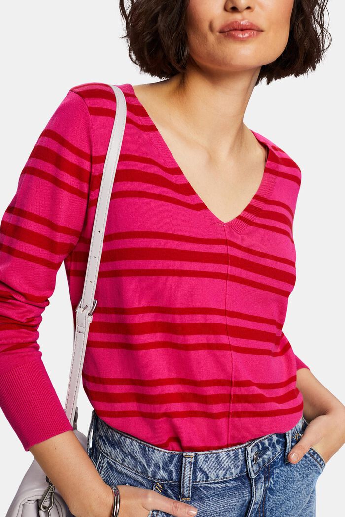 Striped Cotton V-Neck Sweater, PINK FUCHSIA, detail image number 3