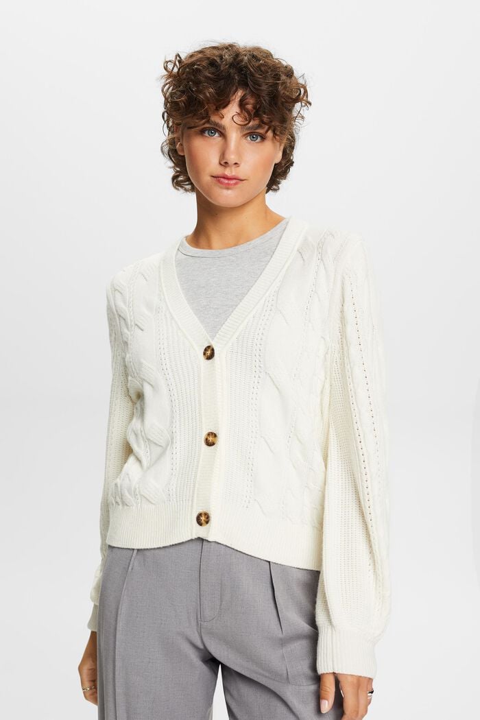 Cable knit cardigan, wool blend, OFF WHITE, detail image number 0