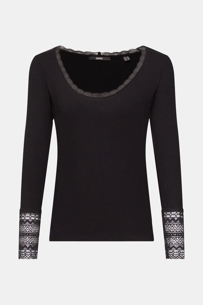 Ribbed long-sleeved top with lace details, BLACK, detail image number 2