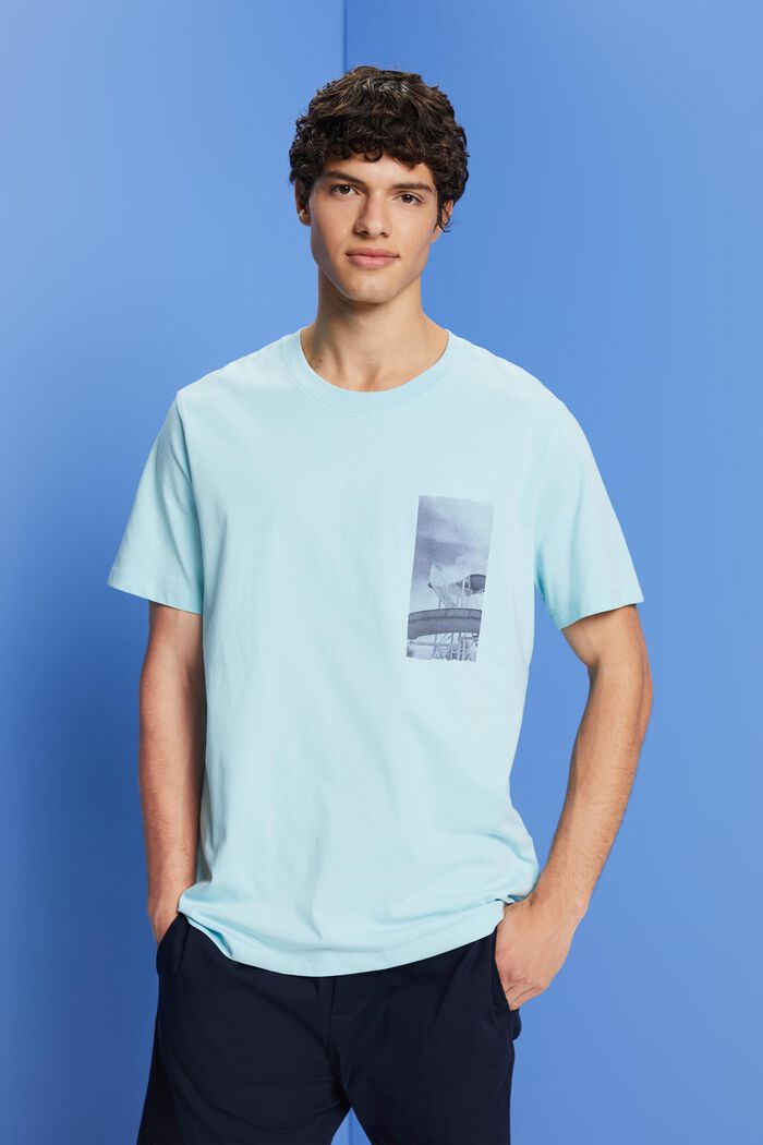 T-shirt with chest print, 100% cotton, LIGHT TURQUOISE, detail image number 0