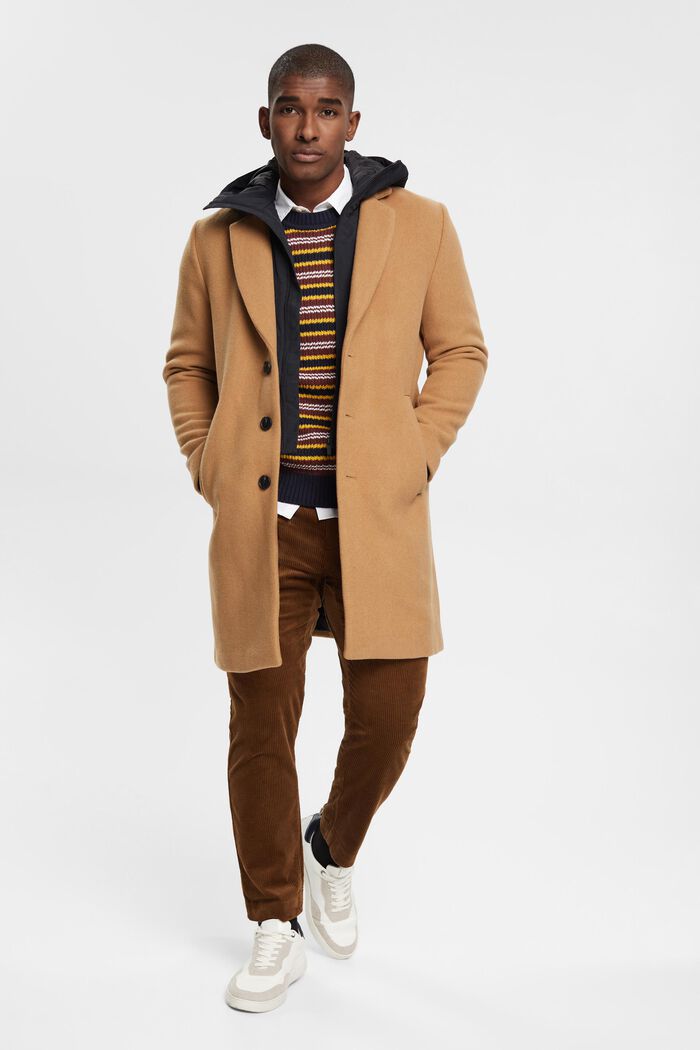 Wool blend coat with detachable hood, CAMEL, detail image number 0