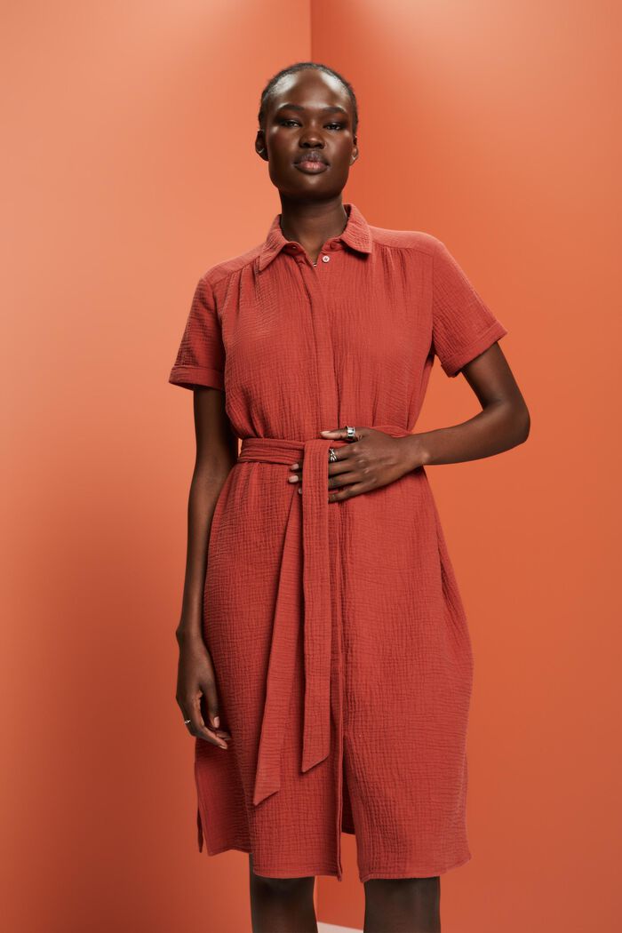 Casual shirt dress with a tie belt, 100% cotton, TERRACOTTA, detail image number 0