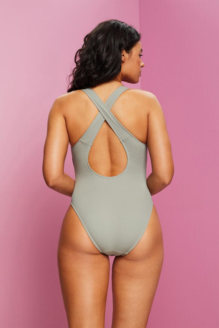 Cross Back Textured Swimsuit, KHAKI GREEN, detail image number 2