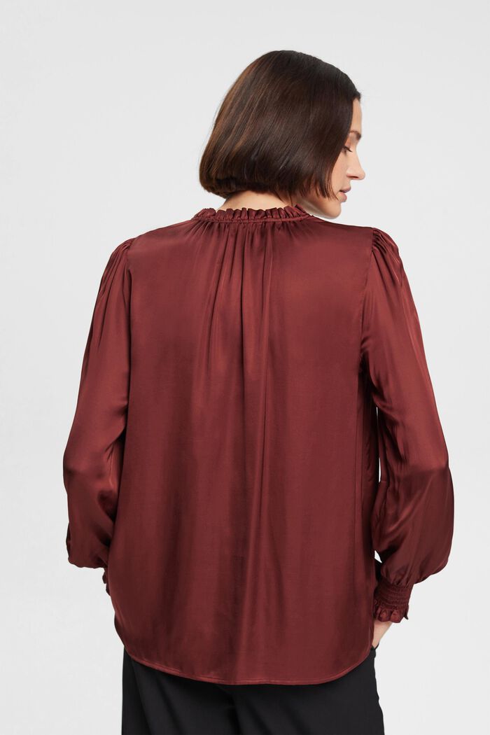 Satin ruffle collar blouse, LENZING™ ECOVERO™, BORDEAUX RED, detail image number 3