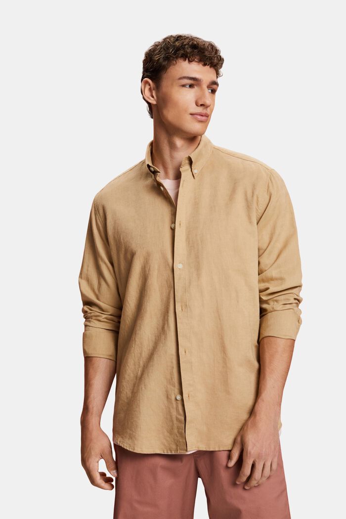 Cotton and linen blended button-down shirt, BEIGE, detail image number 0