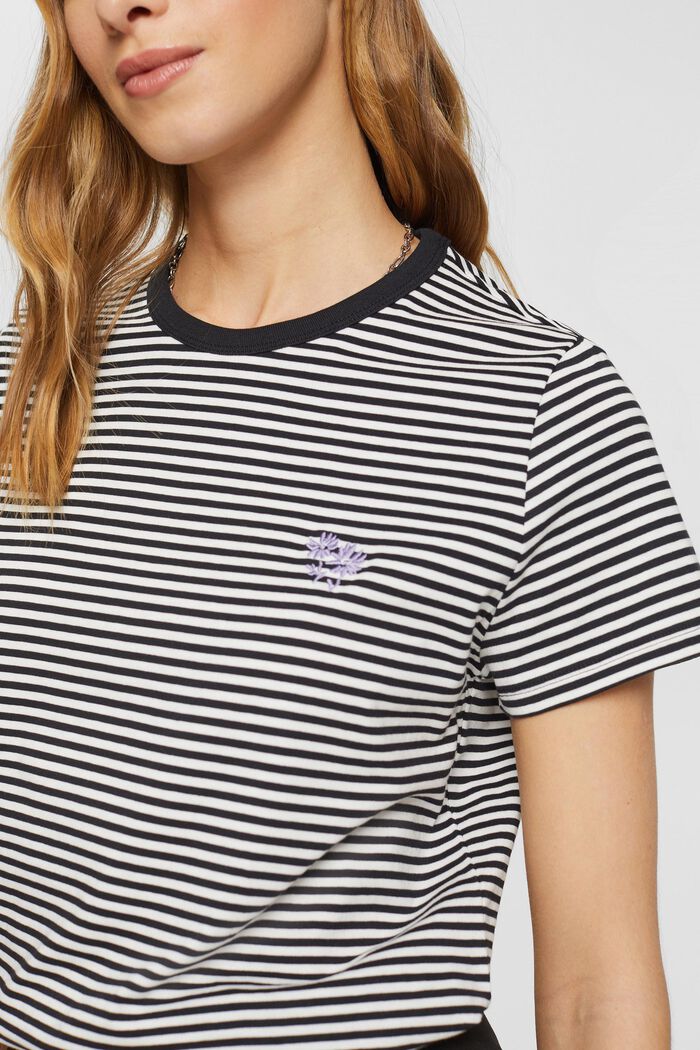 Striped t-shirt with embroidered flower, BLACK, detail image number 2