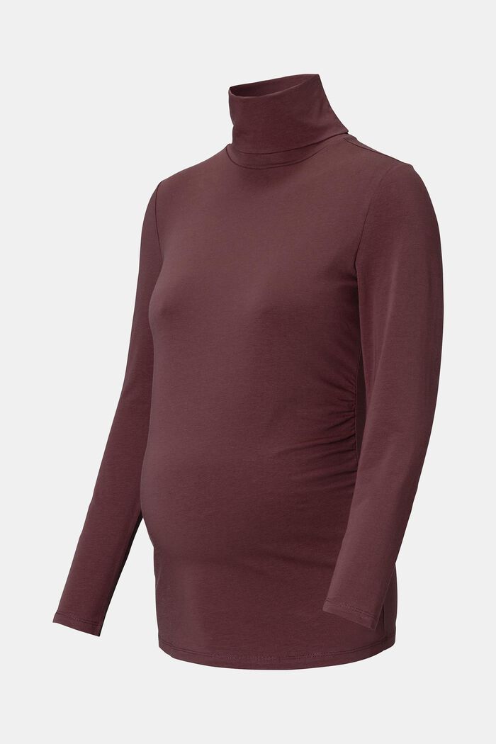 Polo neck long sleeve top made of organic cotton, COFFEE, overview