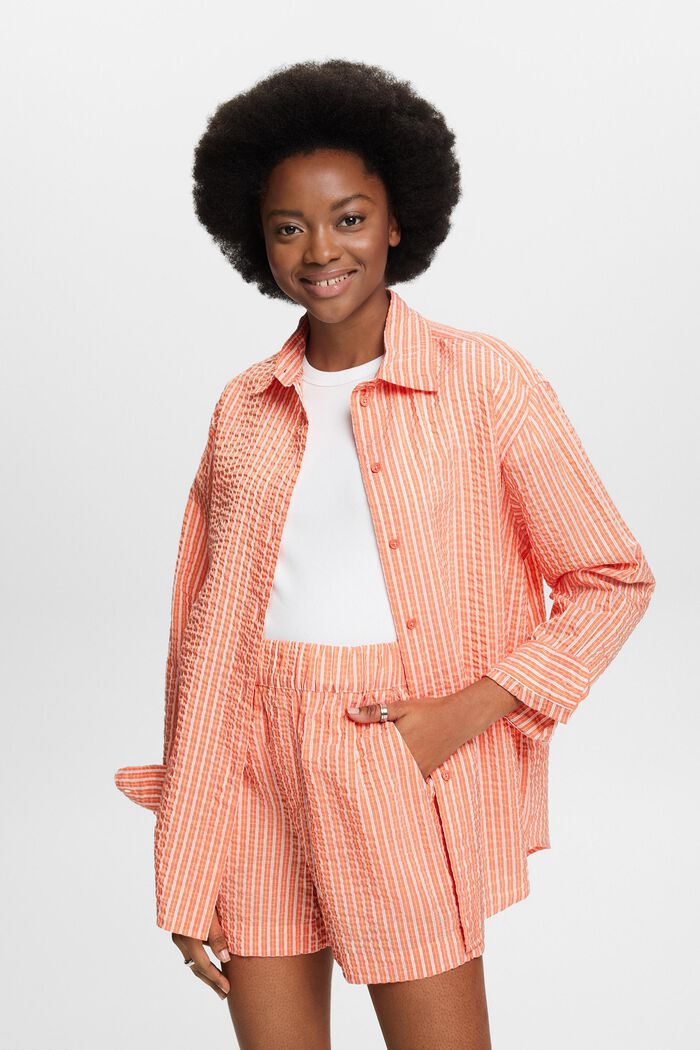 Crinkled Striped Shirt Blouse, BRIGHT ORANGE, detail image number 0