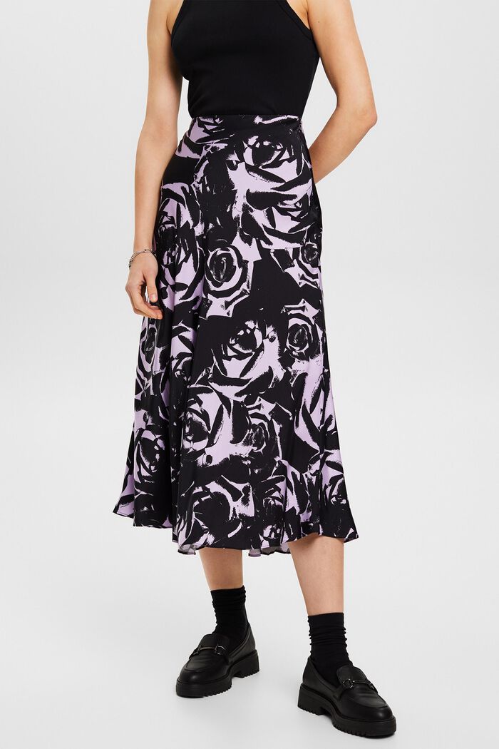 Printed Satin Midi Skirt, NEW BLACK, detail image number 0