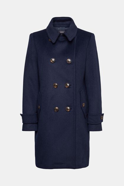 Double breasted wool blend coat, NAVY, overview