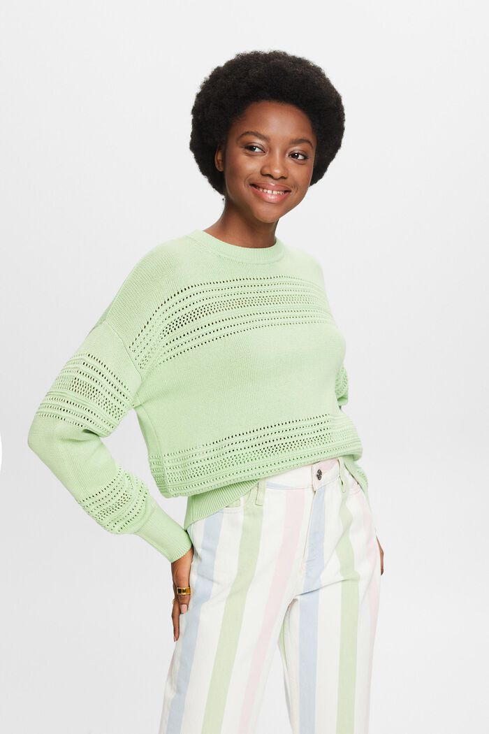 Crewneck Open-Knit Sweater, LIGHT GREEN, detail image number 0