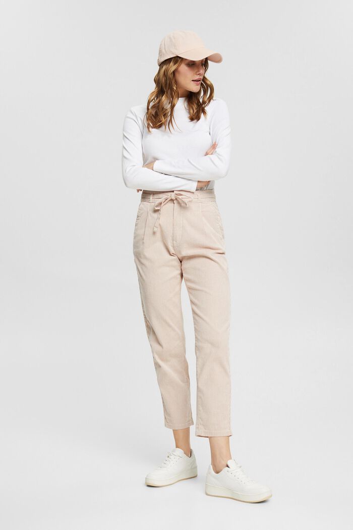 Striped cloth trousers with tie-around belt, BEIGE, detail image number 1