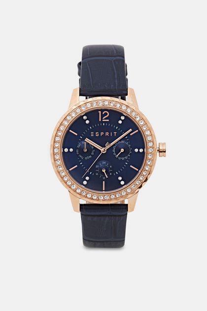 Multi-functional watch with an encrusted bezel, NAVY, overview