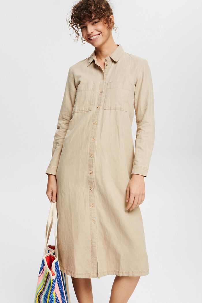 Made of blended linen: shirt dress with a belt, BEIGE, detail image number 0