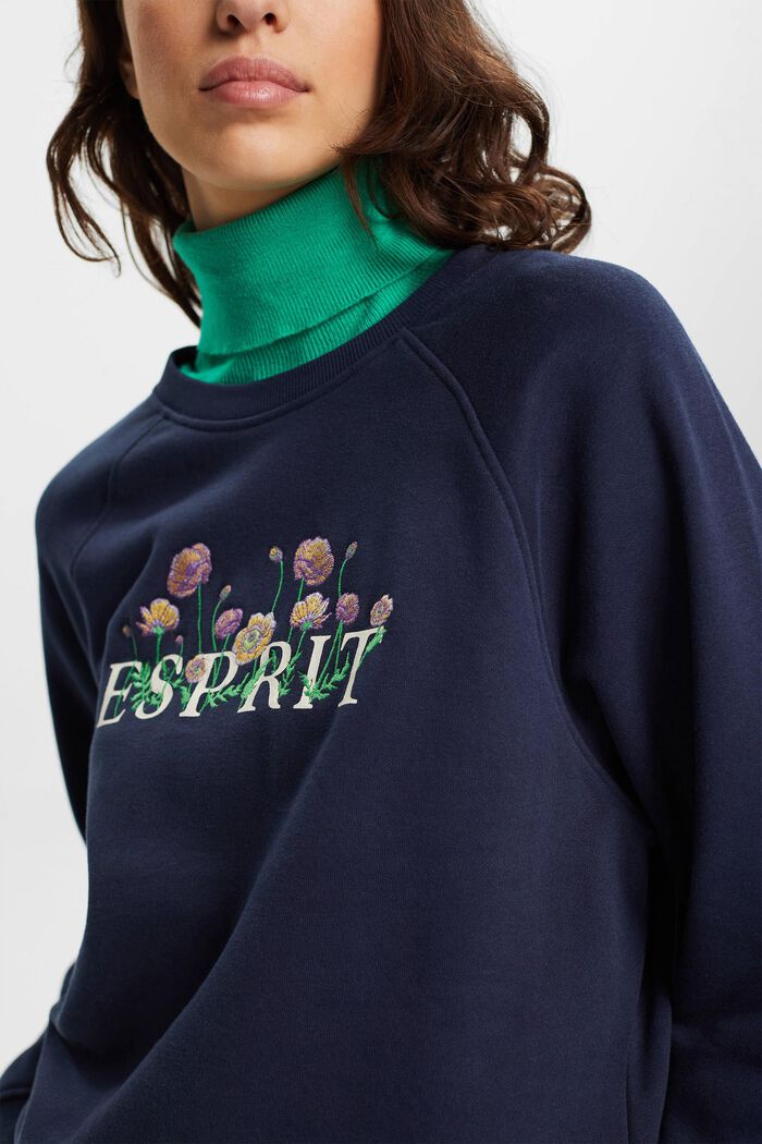 Sweatshirt with logo print and embroidered flowers, NAVY, detail image number 2