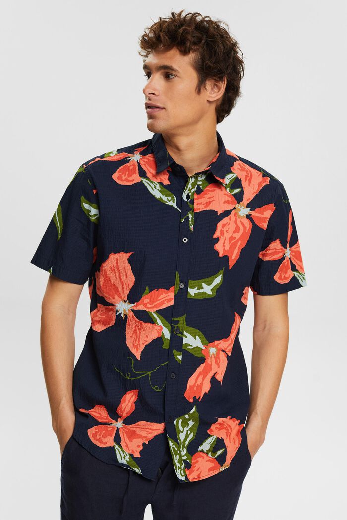 Seersucker shirt with a floral pattern