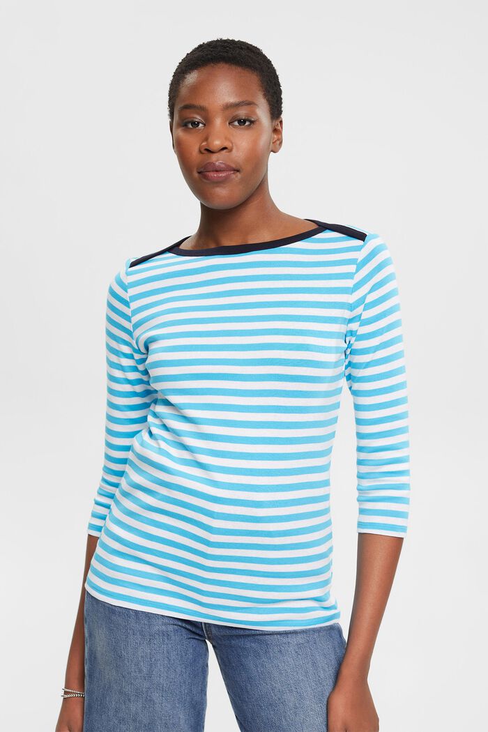 Striped boat neck shirt, TURQUOISE, detail image number 4