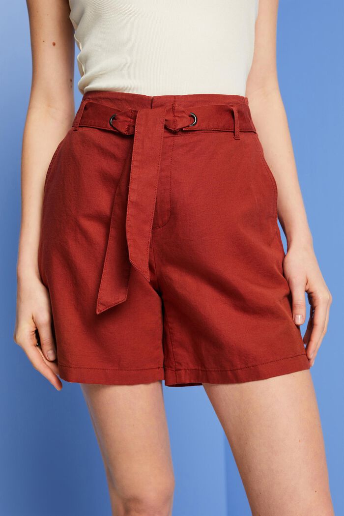 Shorts with a tie belt, cotton-linen blend, TERRACOTTA, detail image number 2