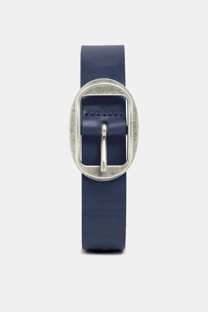 Leather belt with a vintage buckle, NAVY, overview