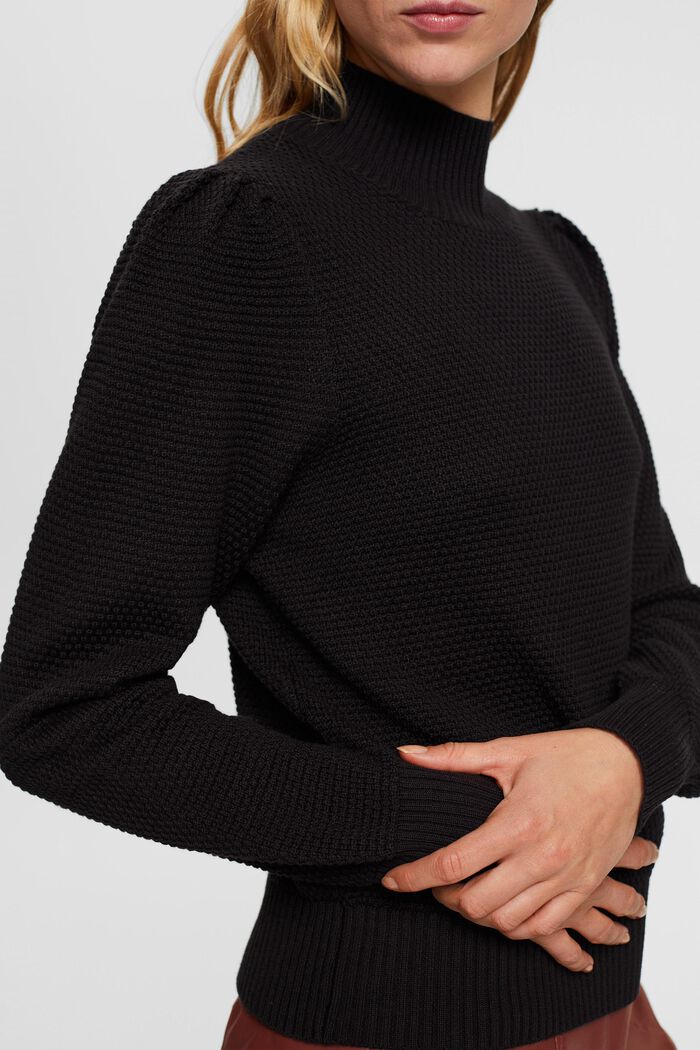 Textured mock neck jumper, cotton blend, BLACK, detail image number 0