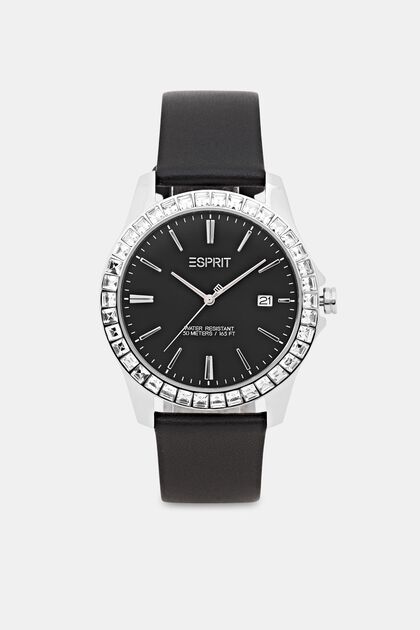 Watch with zirconia stones and a leather strap, BLACK, overview