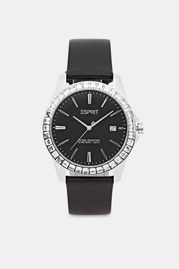 Watch with zirconia stones and a leather strap, BLACK, detail image number 0