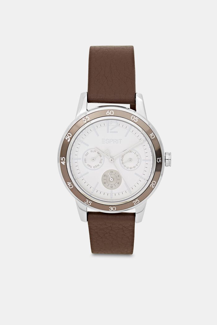 Multi-functional watch with a leather strap, DARK BROWN, overview