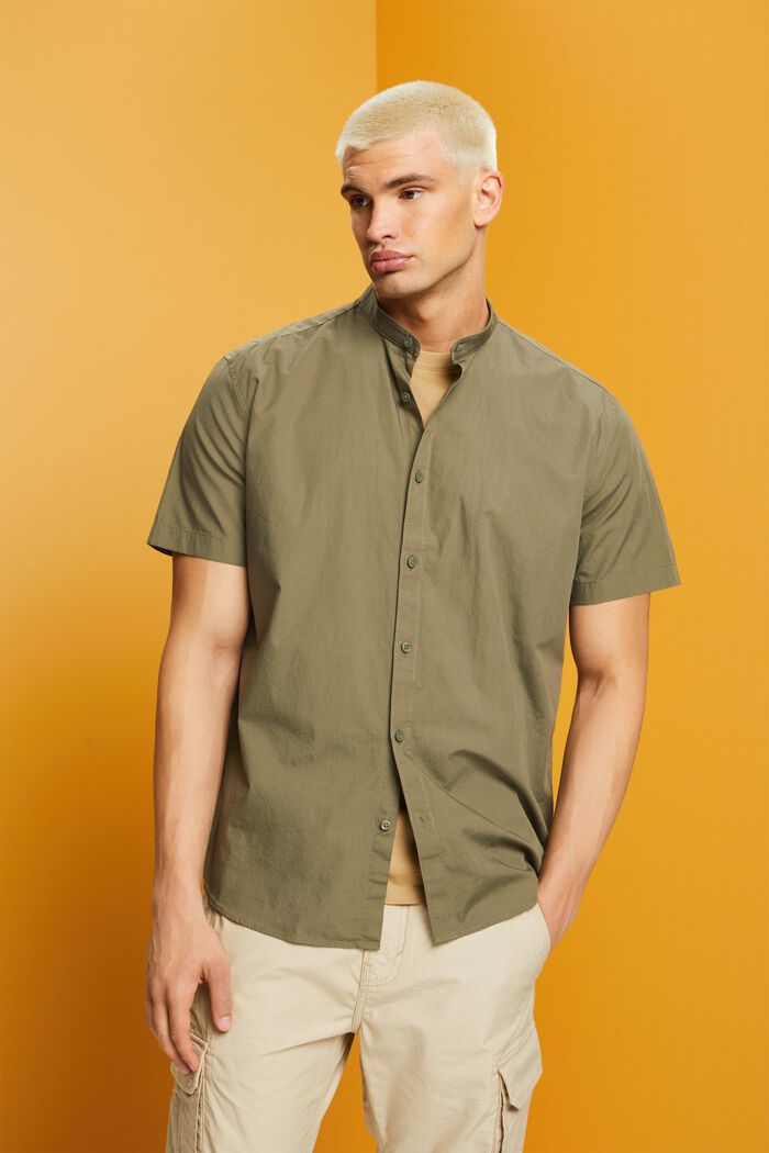 Cotton Stand Collar Shirt, KHAKI GREEN, detail image number 0