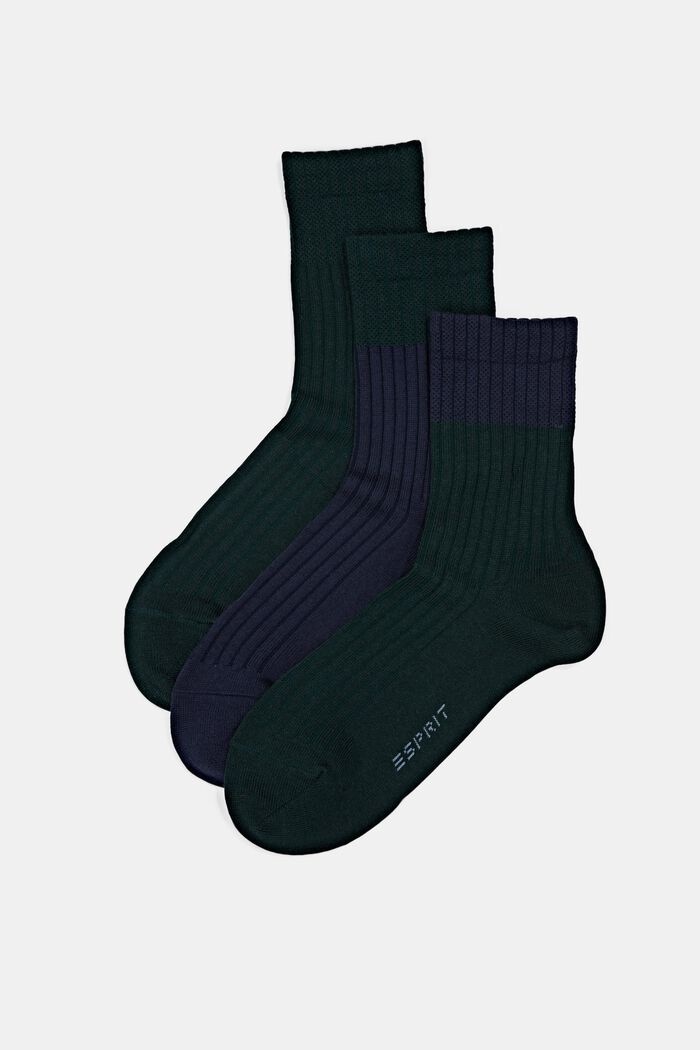 With wool: three pack of rib knit socks, NAVY/PINE, overview