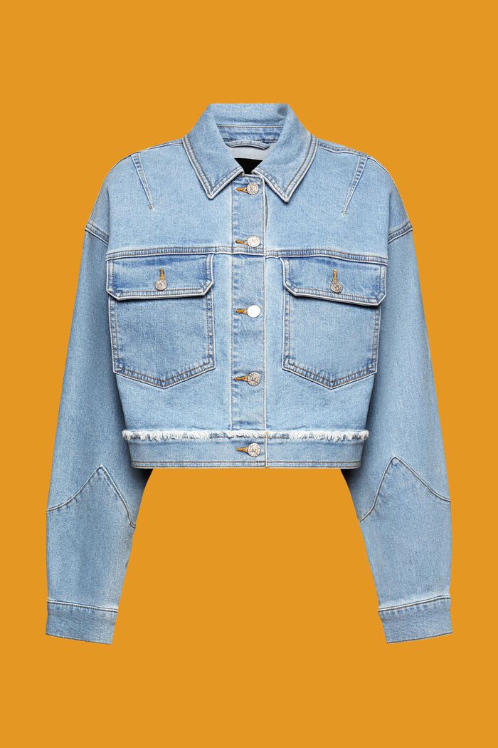 Frayed Cropped Denim Jacket, BLUE LIGHT WASHED, detail image number 6