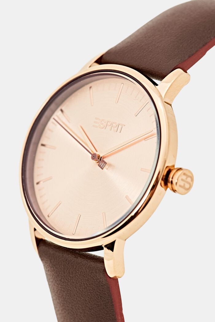 Stainless-steel watch with a leather strap, BROWN, detail image number 1