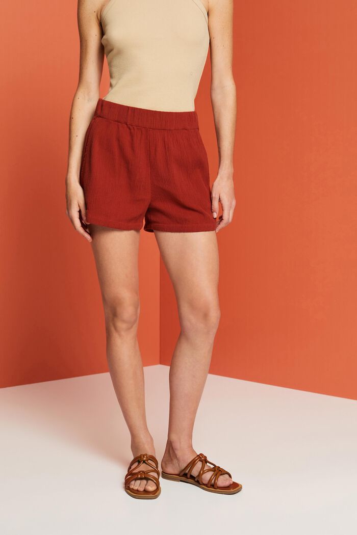 Crinkled Cotton Pull On Shorts, TERRACOTTA, detail image number 0