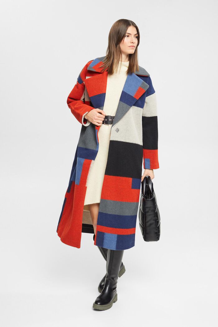 Wool blend coat with colour block pattern